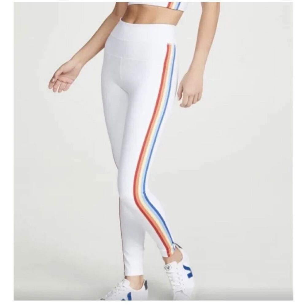 Spiritual Gangster White Leggings with Rainbow Side Stripes